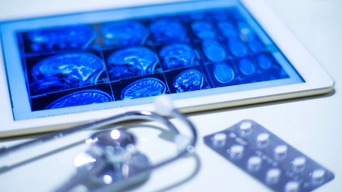 a tablet showing brain scans